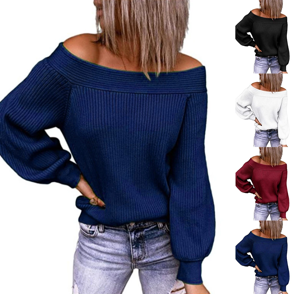 

Off Shoulder Pullover Sweater Sexy Women Solid Color Long Sleeve Tops