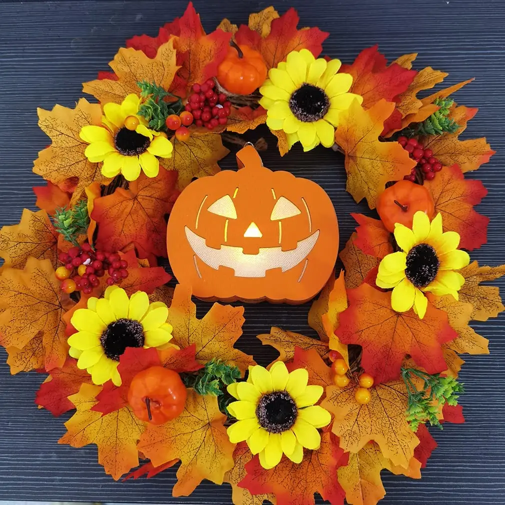 

Halloween Fall Pumpkin Sunflower Wreath For Front Door With Pumpkins Artificial Maples Sunflower Autumns Harvest Holiday Greater