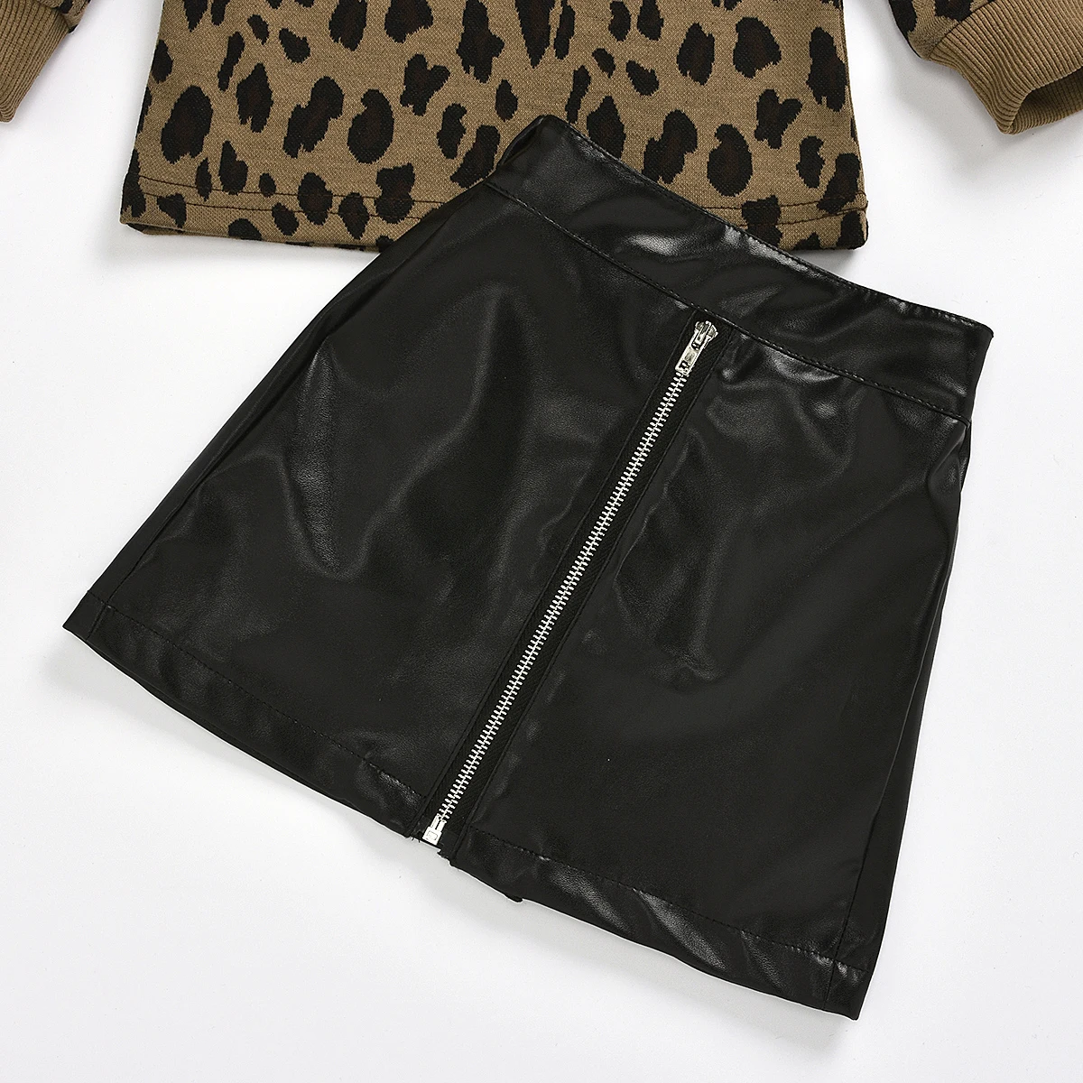 Baby Spring Autumn Clothing Toddler Baby Kid Girl Turtleneck Leopard Sweatshirt Top PU Skirt 2Pcs Fashion Outfits Sets 1-5T