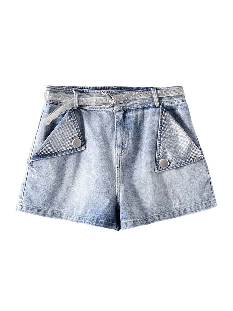 

Bazhangjia A4 waist pants hot diamond belt denim shorts women's high waist slim pants summer 2021 NEW