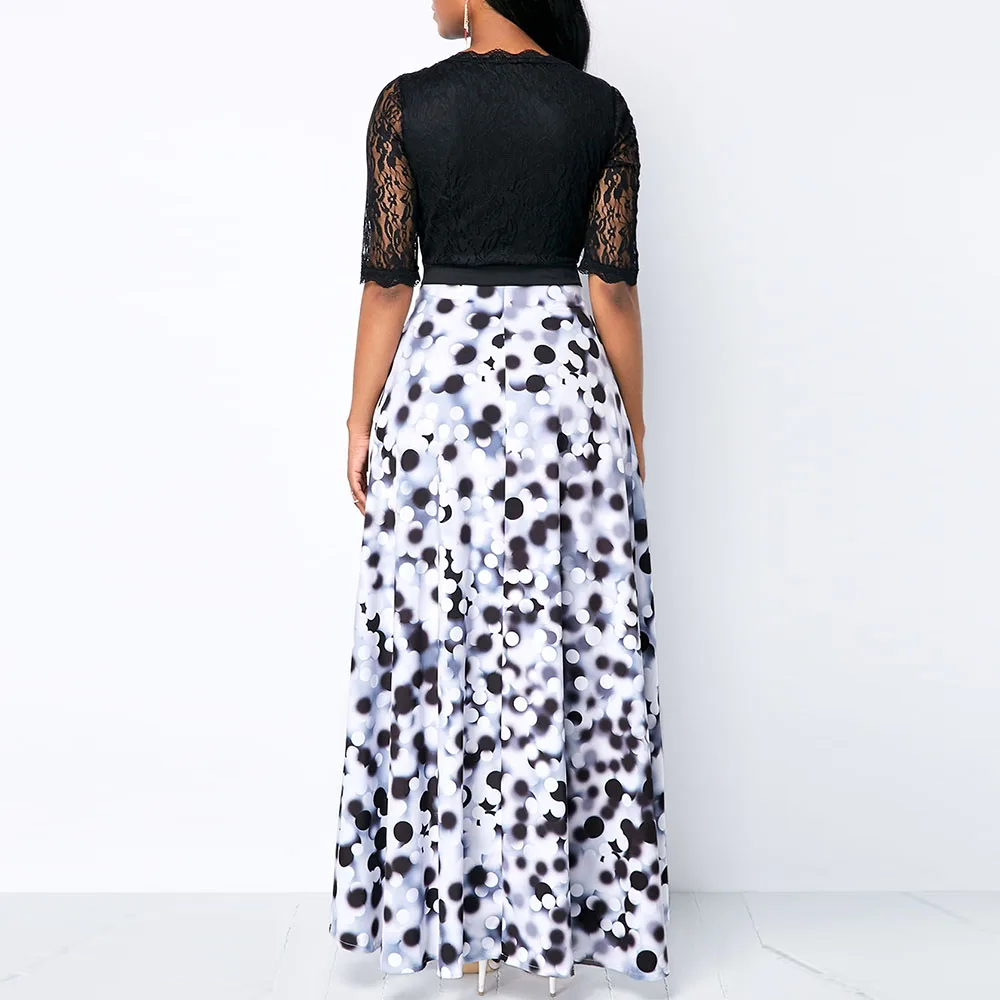 Винтажное кружевное лоскутное длинное платье на выпускной в горошек черного