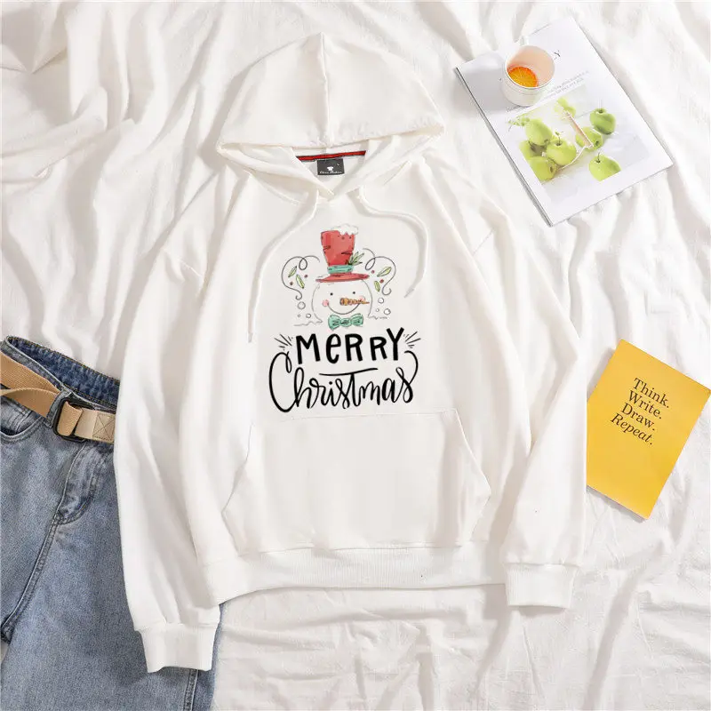 

Christmas Print Sweatshirt Female 100% Cotton Long Sleeve Sweatshirt Woman Fall y2k Hoodies Women Casual Pocket White Hoodie