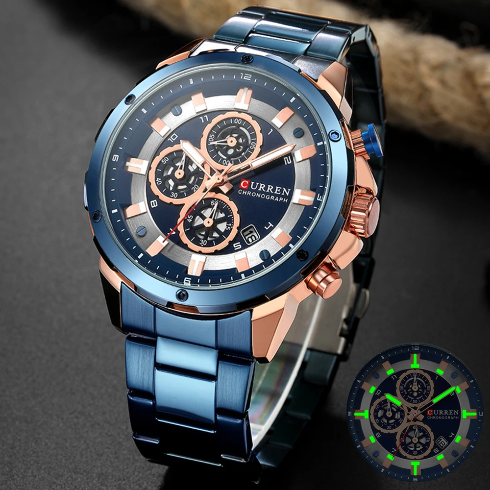 

CURREN Mens Watches Luxury Quartz Stainless Steel Wristwatches Blue Clock Brand Sporty Watch with Chronograph