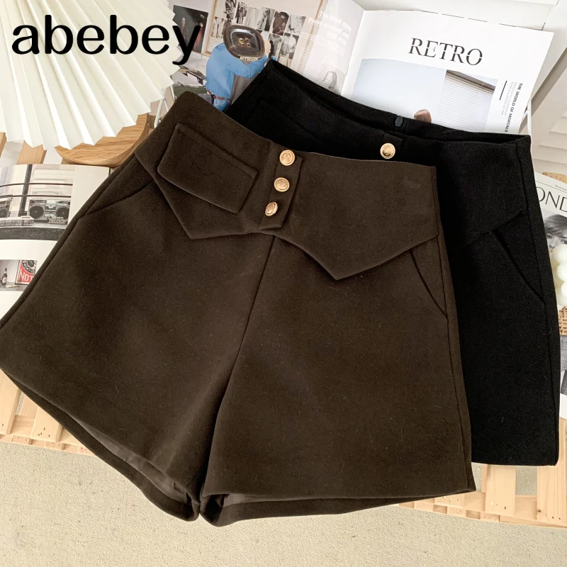 

Fashion versatile solid color woolen Shorts single breasted high waist casual wide leg A-line Shorts 2021 New Autumn Winter