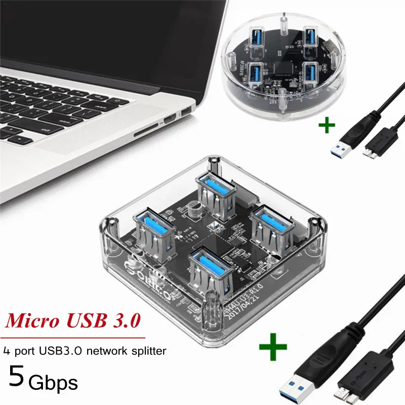 

2 Shapes USB3.0 Splitter 4 Port High-Speed Transparent HUB With Charging Cable Durable 5Gbps Docking Station