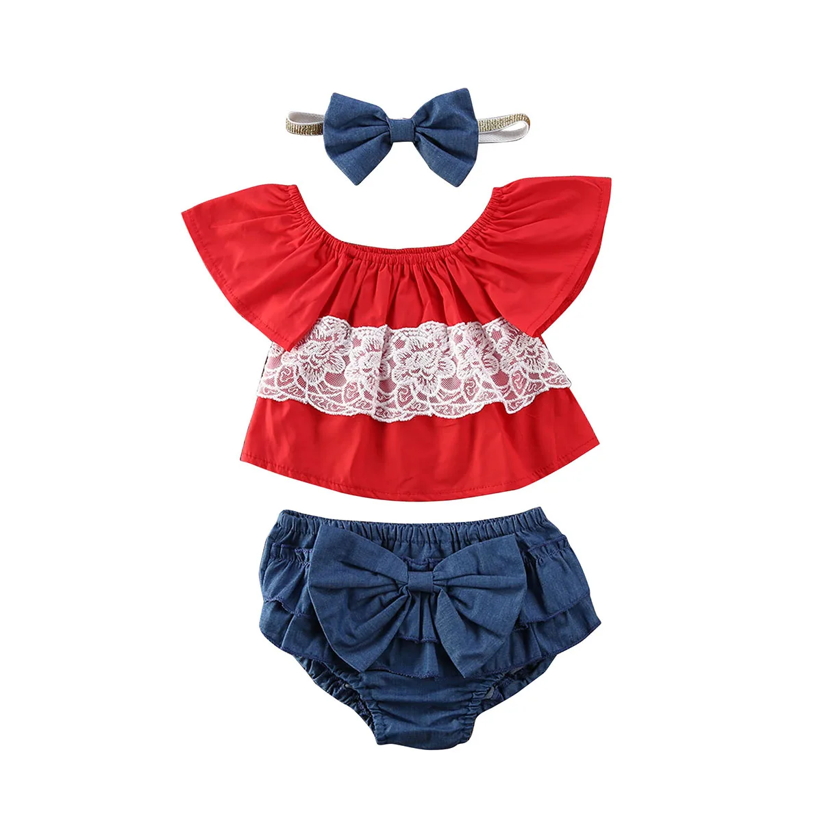 

AA 2020 Summer Infant Baby Girl Clothes Off-Shoulder Lace Tops Denim Bowknot Shorts Outfits