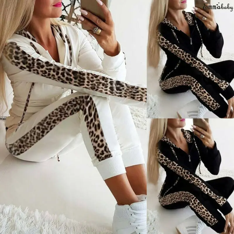 

2Pcs Women Hoodies Sports Tops + Long Pants Tracksuit Trousers Sweatshirt Jogging with Hat Leopard Pattern