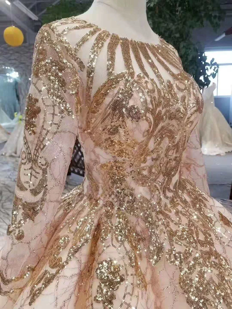 BGW 22916ht Luxury Evening Dresses Ball Gown O-neck Long Sleeves Lace Up Back Muslim Prom Dresses Curve Shape Shiny Ladies Dress