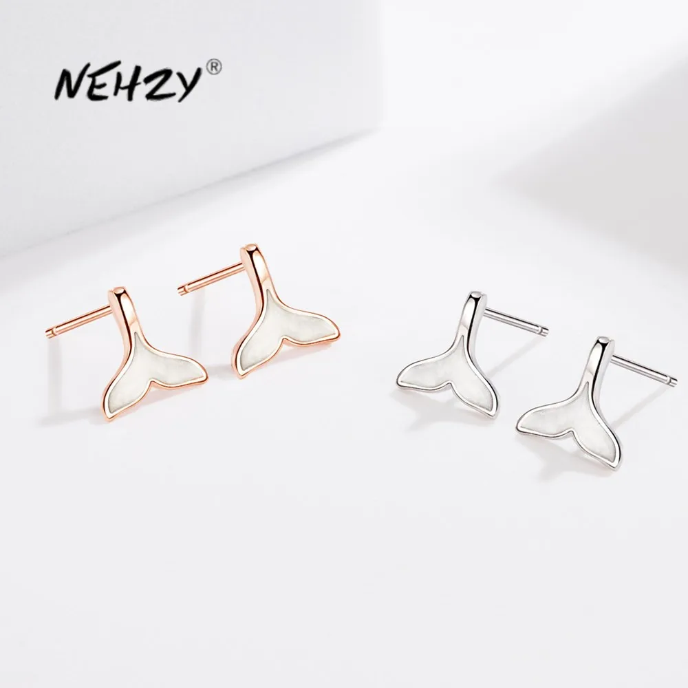 

NEHZY 925 Sterling Silver New Woman Fashion Jewelry High Quality Crystal Zircon Rose Gold Dolphin Fish Tail Epoxy Stud Earrings