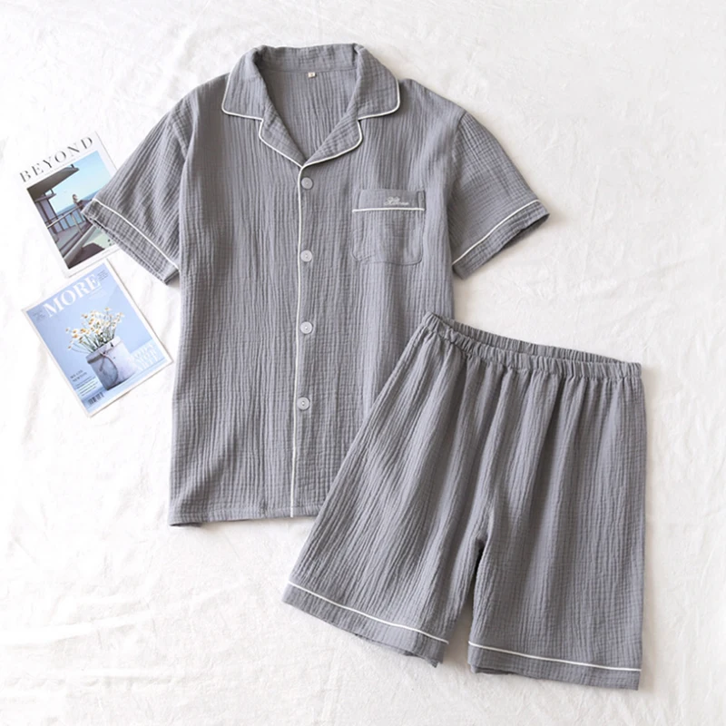 

New European Version Sleepwear Plus Size Pajama Sets Men's Summer Short-sleeved Shorts 100% Cotton Household Solid Pyjamas Suits