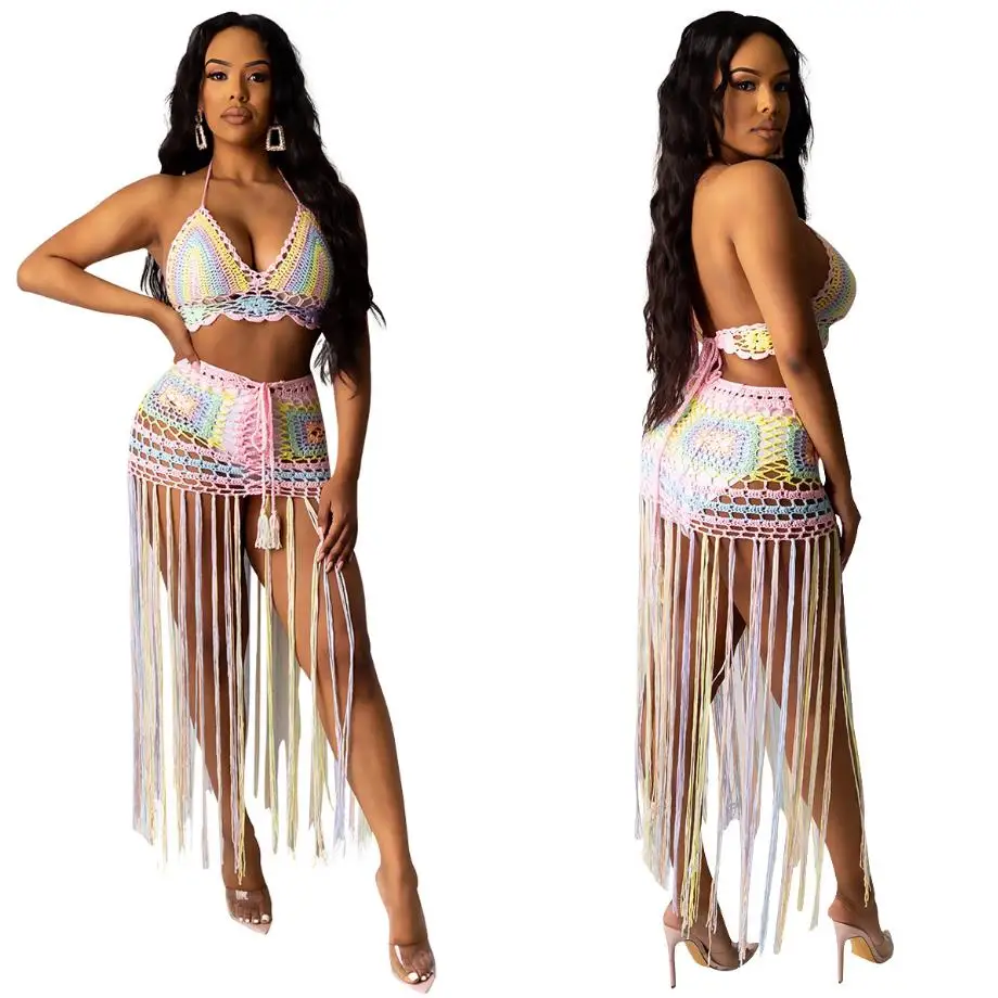 

Women 2pcs Bikini Sets Fashion Knitted Hollow Out Beach Cover-Ups Sets Beachwear Skirts +Cami Top Beachwear