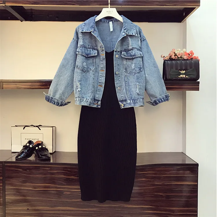 2019 осенне зимняя женская джинсовая куртка с бантом сзади + трикотажное платье