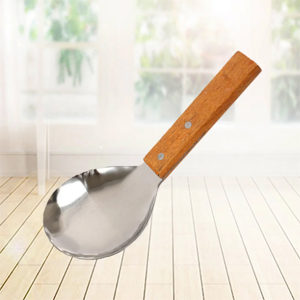 

Kitchen Stainless Steel Rice Spoon Soup Scoop Food Serving Spoons with Wooden Handle Utensil Tableware for Home Restaurant House