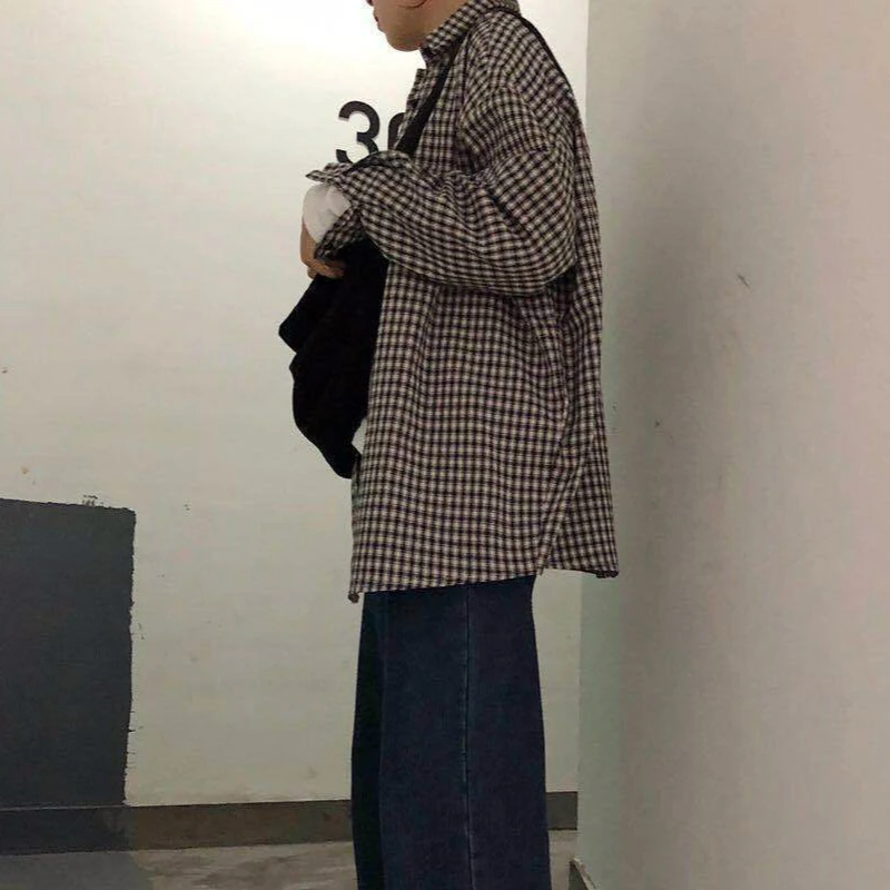 

Plaid Shirts Women Loose Long Sleeve Unisex Couples Chic Leisure Students Daily Streetwear Outwear All-match Harajuku Blouses BF