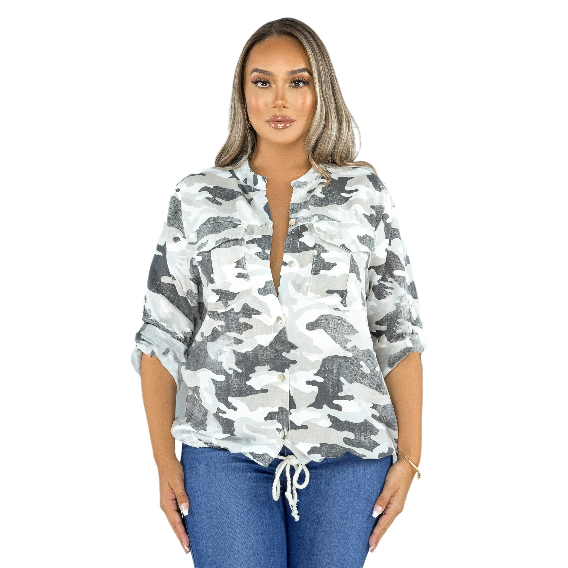 

S-XXL Women Camouflage Paint Lightweight Jackets Long Sleeve Zipper Canvas Camo with Pockets