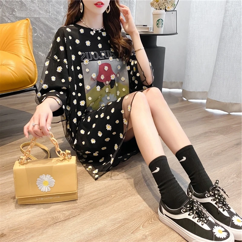 

Summer 2021 New Loose Mid-Length Fake Two-Piece Mesh Dress for Plump Girls Short Sleeve T-shirt Large Size Women's Clothing