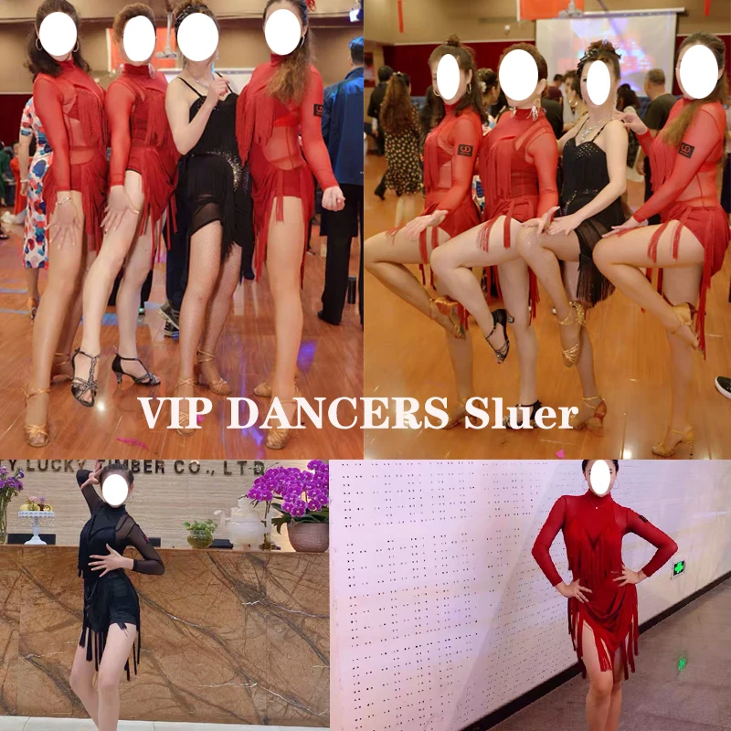 Новинка платье для латинских танцев Женская сетчатая юбка с кисточками черное