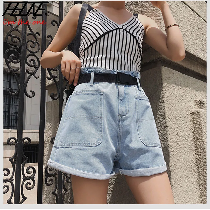

Женские джинсовые шорты с высокой талией и поясом, летние свободные джинсовые шорты с карманами, повседневные джинсовые шорты для женщин