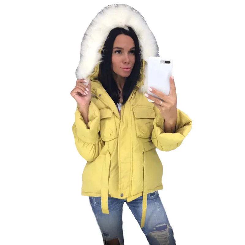 yellow bubble jacket FORERUN, Большая Меховая куртка с капюшоном, женское пуховое пальто с бантом на талии, зимние куртки, парка с хлопковой подкладкой, Abrigos Mujer Invierno - Цвет: yellow bubble jacket