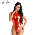 Женский эротический костюм кошки, Блестящий металлический купальник с высоким вырезом, латексный боди, ночная Клубная одежда, обтягивающее нижнее белье