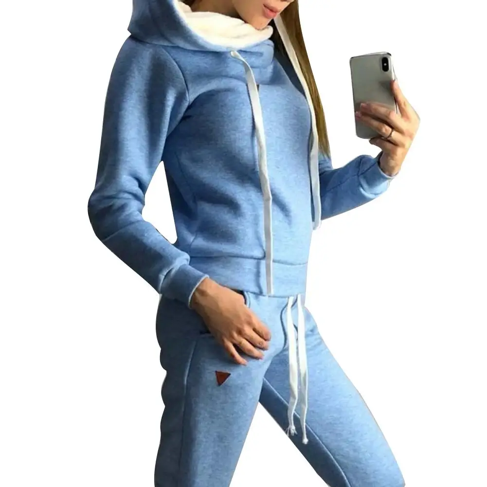 

2Pcs Women Jogging Suit Solid Color Tracksuits Fleece Lined Hoodies Pants Set Outerwear