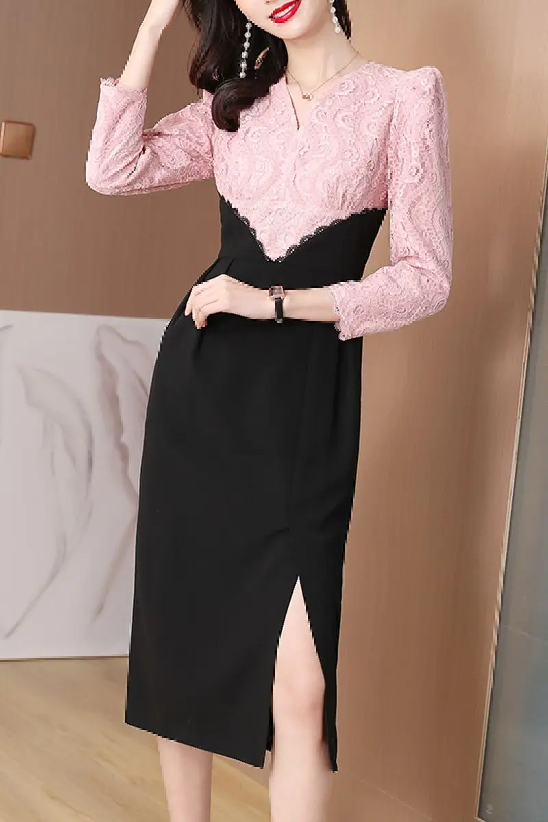 

COIGARSAM Vintage Women Long dress New Spring Panelled High Waist Dresses 6051