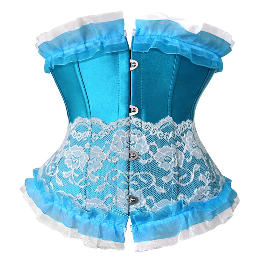 

Sexy Womens Artificial Silk Lace Trim Ruffles Underbust Corset Mysterious Boned Lace up Waist Cincher Bustier Lingerie Top