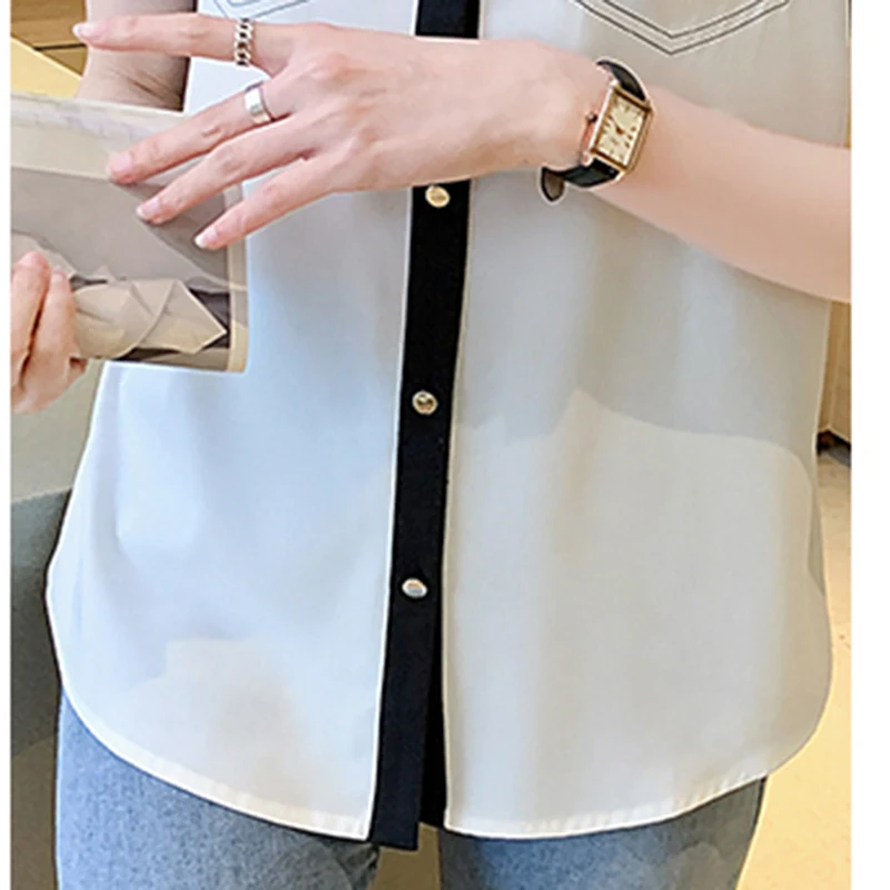 

LJSXLS Korean Style Short Sleeve Turn-down Collar Women Loose Blouses Summer Simple Color Matching Chiffon Shirts Women's Tops