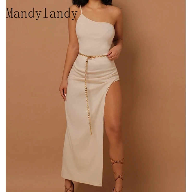 

Сексуальное облегающее платье Mandylandy, Женские однотонные платья с высокой талией и открытыми плечами, облегающее длинное платье без рукавов