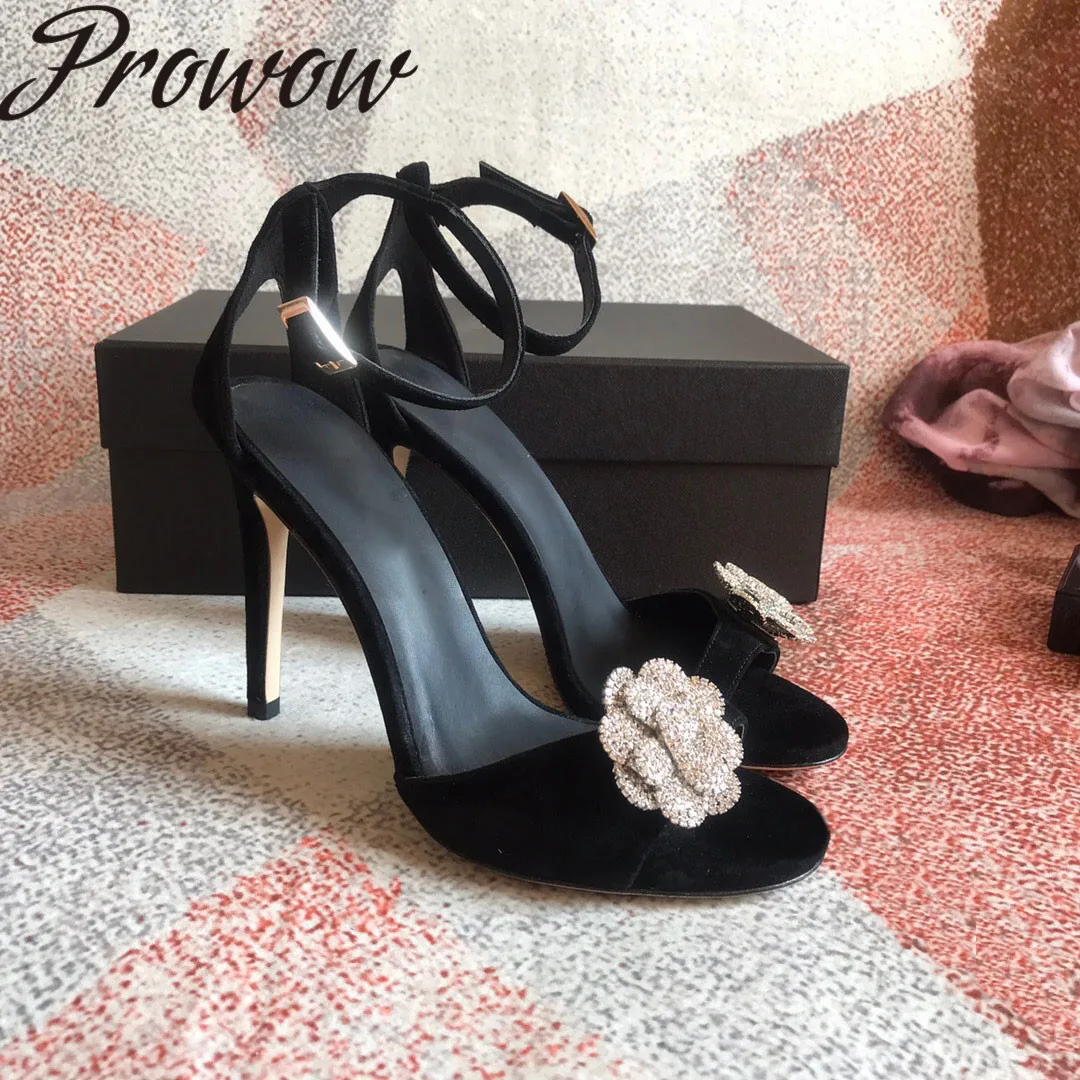 

Prowow New Summer Black Crystal Floral Summer Sandals Buackle Strap Party Wedding Sandals HIgh Heels Shoes Women Branded