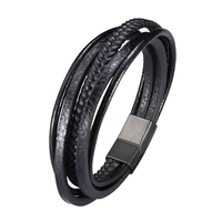 trendy leather bracelet men stainless steel multilayer braided rope wristband for male female bangles jewelry accessories sp1002