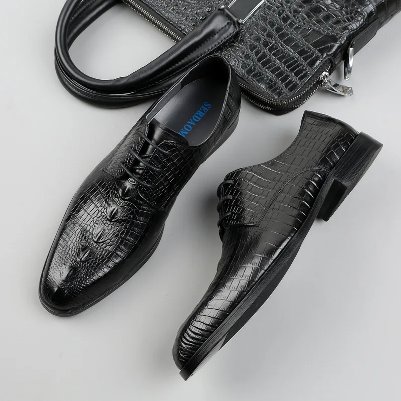 

QYFCIOUFU Brand Genuine Leather Business Men Dress Shoes Retro Crocodile Pattern Oxford Shoes For Men Wedding Leather Men Shoes