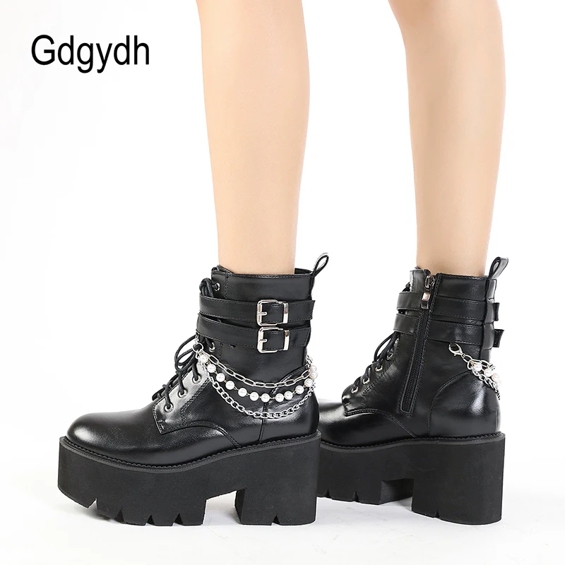 

Gdgydh Sexy Chain Women Leather Boots 2022 New Spring Block Heel Gothic Shoes For Girls Platform Motorcycle Boots String Bead