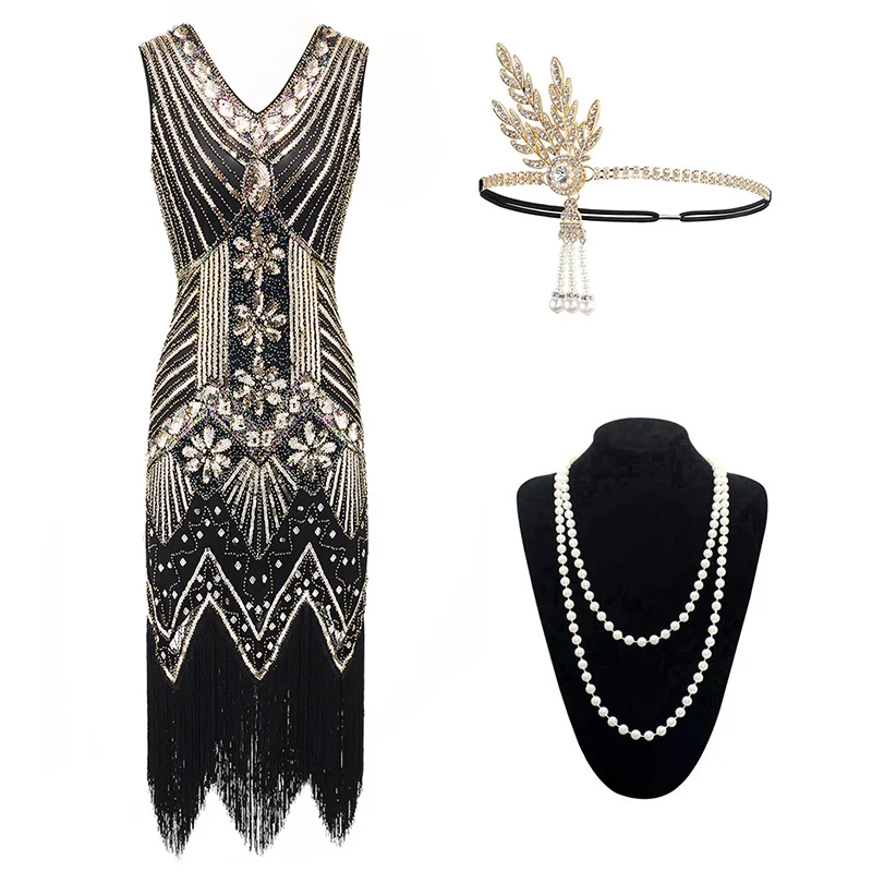 Gold Set Винтажное женское платье 1920s Gastby со сплошным расшитым блестками Сетчатое платье в стиле модерн украшенное бахромой платье размера плюс черный/зеленый/белый/золотой - Цвет: Gold Set