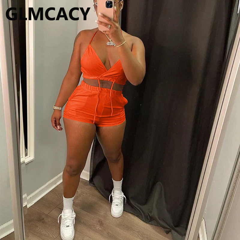 

Two Piece Summer Suits Spaghetti Strap Crop Top & Casual Shorts Set