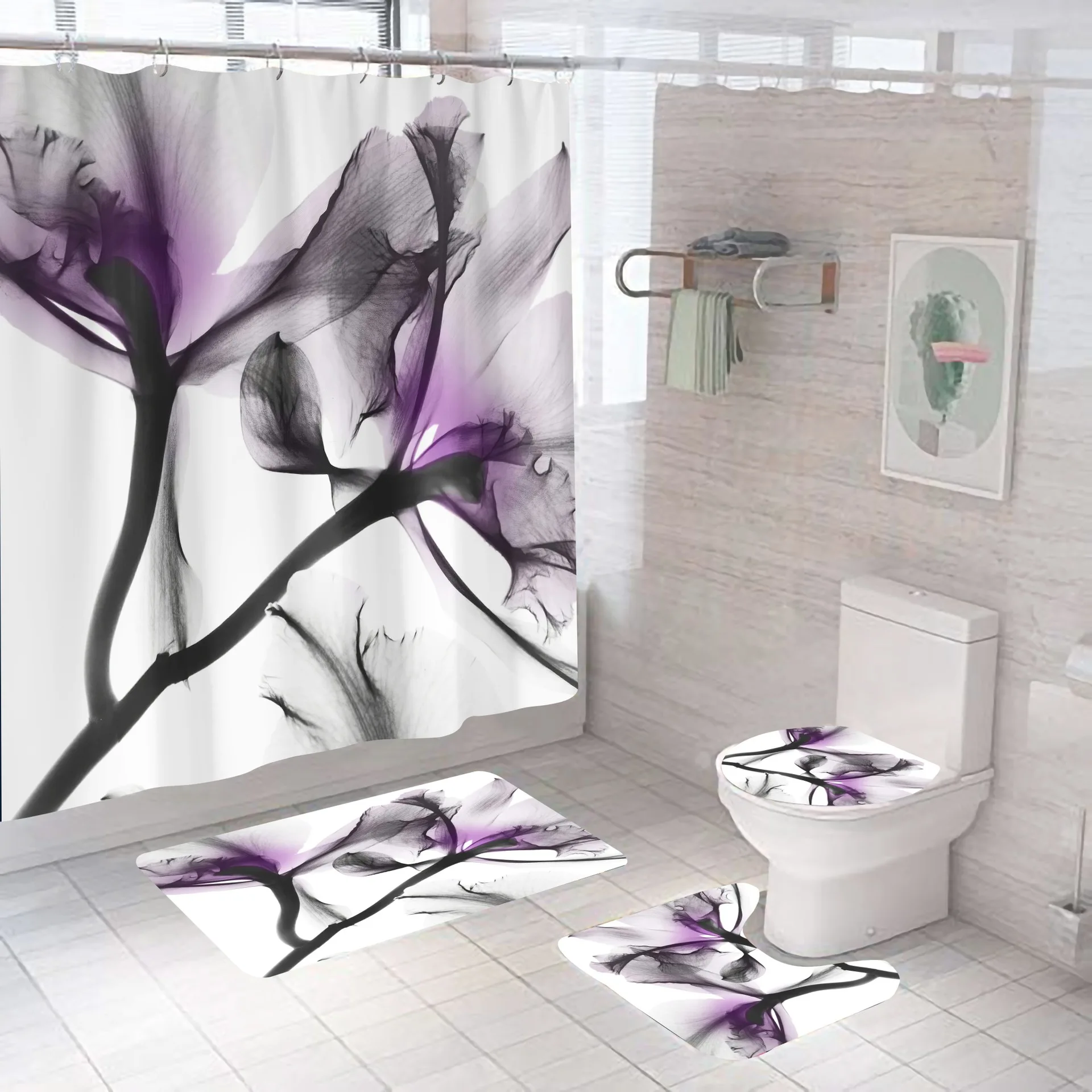 

Household personality style digital printing flower series bathroom waterproof shower curtain three-piece decorative cushion