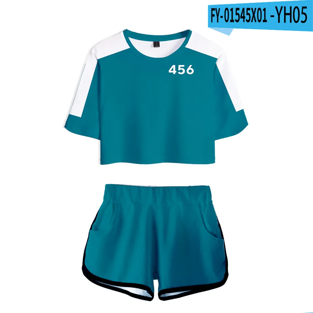 

Женский спортивный костюм из 2 предметов, комплект из кроп-топа и шортов с 3D принтом из сериала «Игра кальмар» в Корейском стиле, костюм для к...