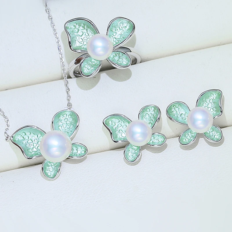 

MeiBaPJ Fashion Real 925 Sterling Silver Green Butterfly Wedding Jewelry Set Natural Pearl Pendant Ring and Earrings for Women