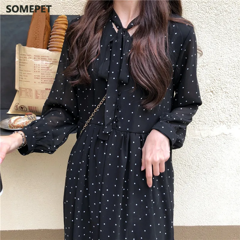 

Women Chiffon Dress Spring Summer New Fashion Female Long Sleeve Vintage Printed Dot Lace Up Loose Casual A-line Dresses