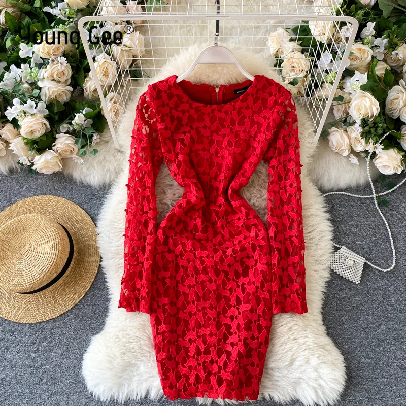 

Young Gee Women Sexy Club Bodycon Party Dress Red Lace Hollow Out Sheath Fashion Spring Floral Pencil Office Mini Dresses robe