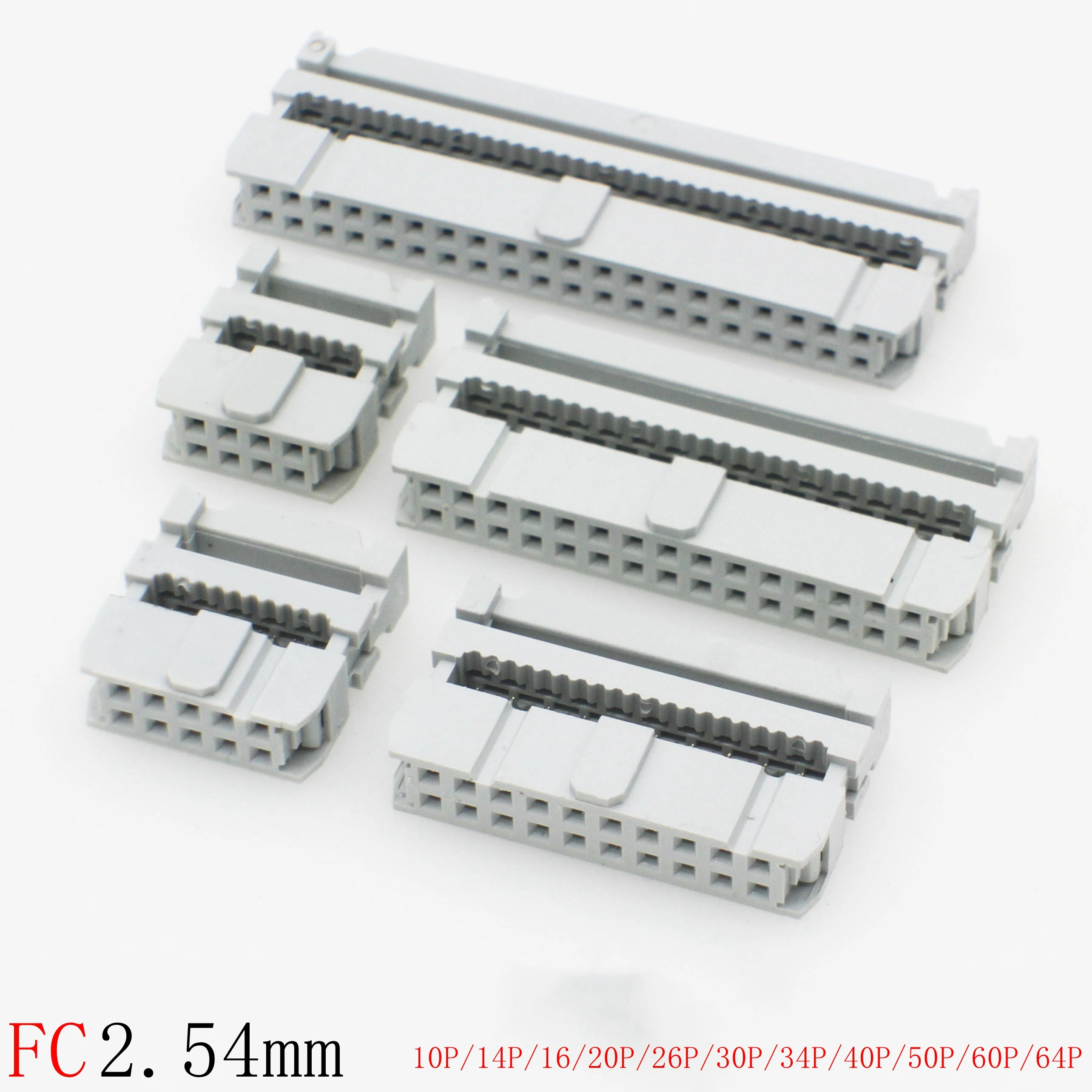 

5PCS IDC Socket 2.54MM Pitch 10P 14 16 20 26 30 34 40 50 60 64Pin FC 2.54 Female Double Row Ribbon Cable Connector Gray White