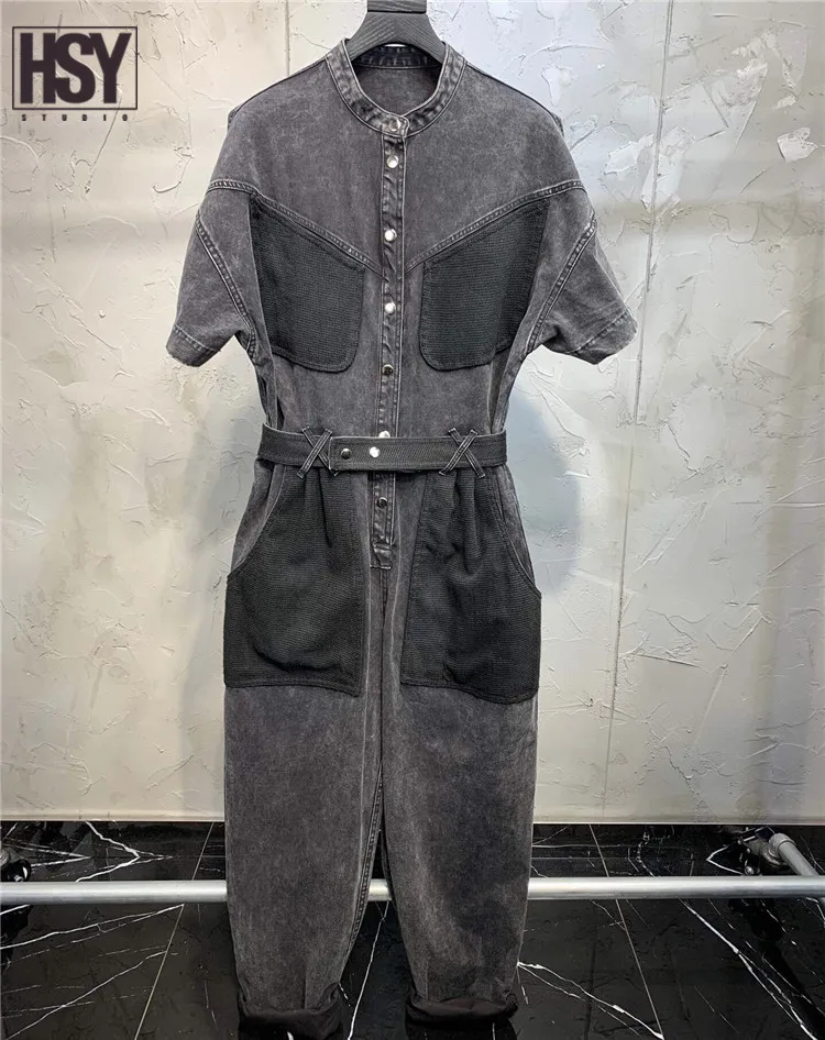 【HSY studo】2019 новый осенний женский комбинезон с карманами пояс в стиле пэтчворк
