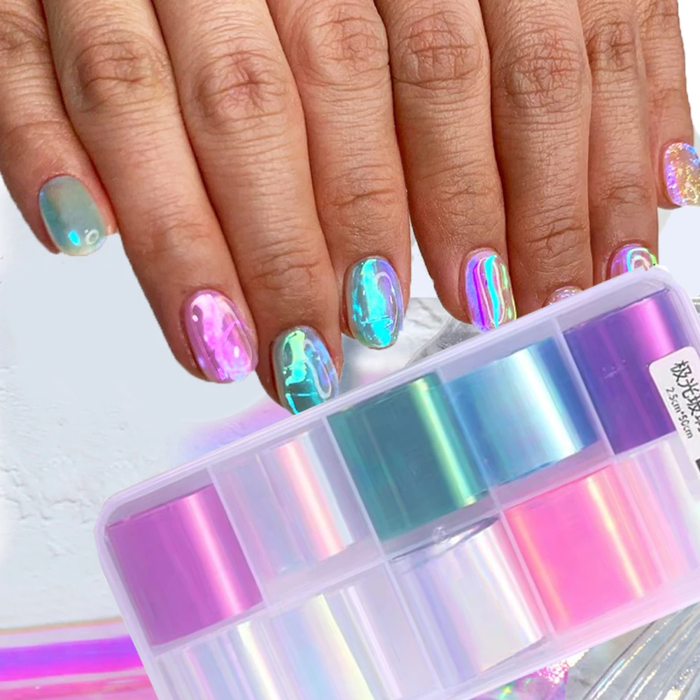 Маникюр пленка для ногтей. Gradient Aurora broken Glass Foils Nail Stickers 10 Colors Cellophane Nails Art Decor.