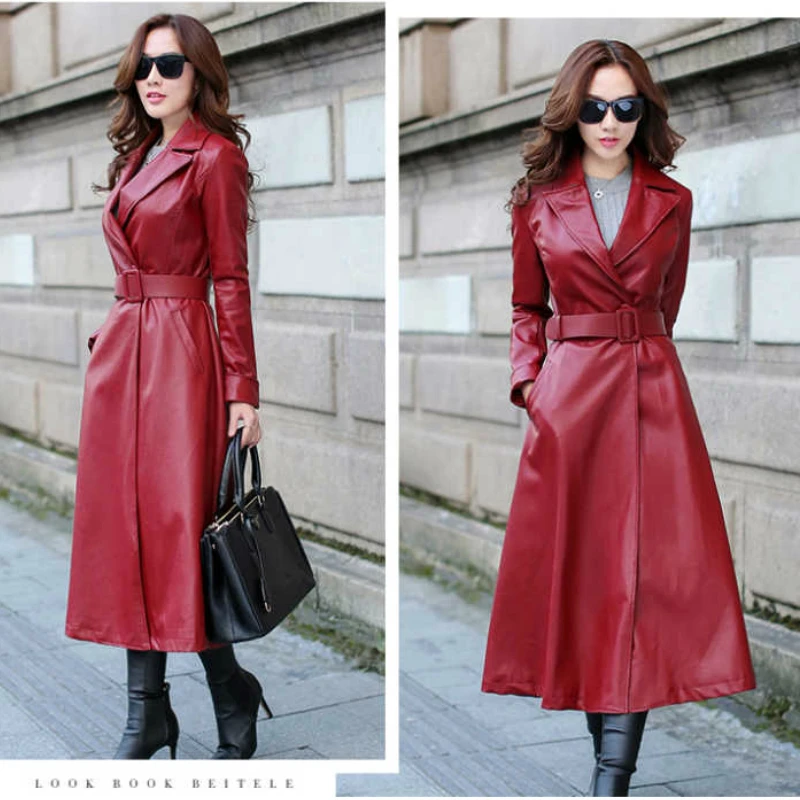 

Long PU Leather Belt Coat Woman Overcoat Slim Female Outwear Punk Jacket