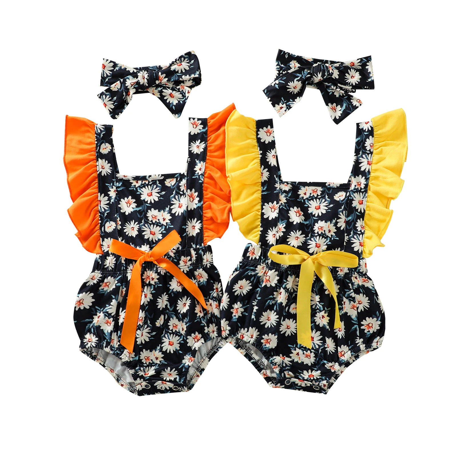 

Toddlers Summer Creative Daisy Printing Decoration Fly Sleeve Romper + Bow Headwear Set