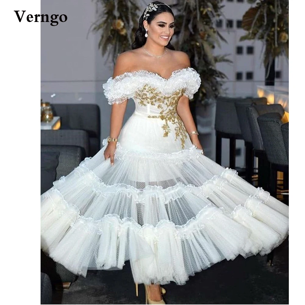 

Verngo Off Shoulder Tulle Dotted Wedding Dresses With Gold Lace Applique Ruffles Layered A Line Ankle Length Formal Bride Gown