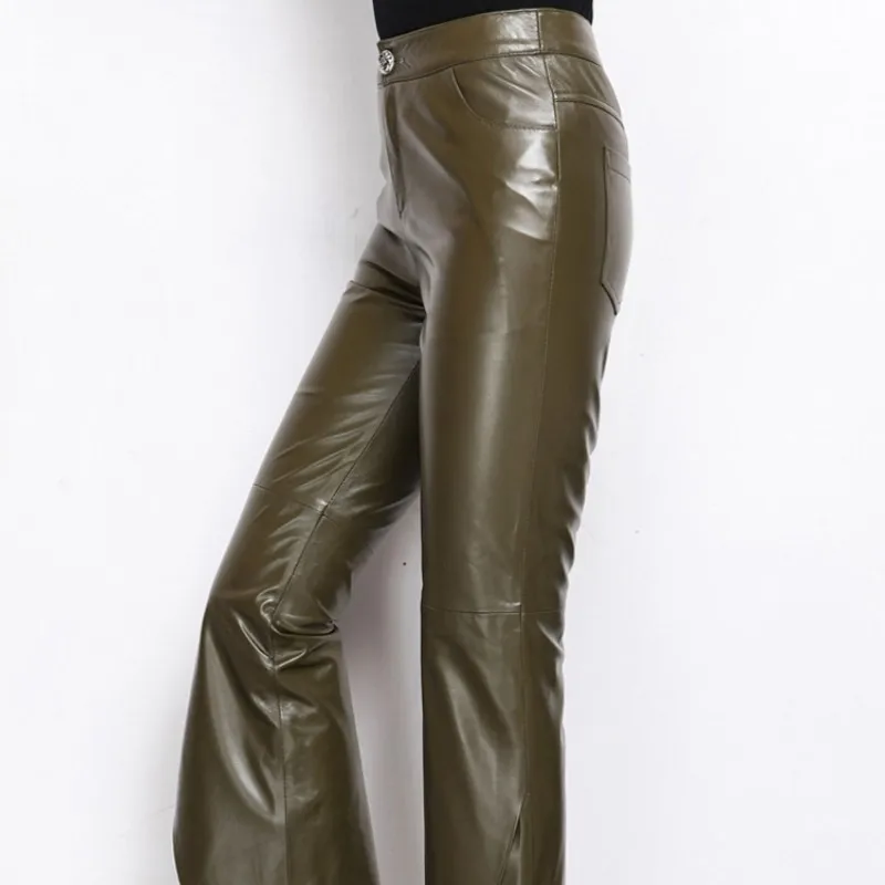 Брюки клеш Женские длинные из натуральной кожи черные 2020 размера плюс | Женская