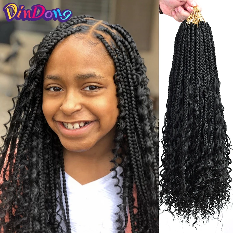 DinDong Bohemian Box Braids Hair With Curls 18" Synthetic Boho Goddess Crochet Hair Braid With Curls Ends For Women Kids