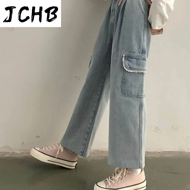 

2021 Niche Design Lace Pocket Jeans Women Pants Autumn Korean New Slim Loose Straight-leg Pant Denim Wide-leg Cropped Jean
