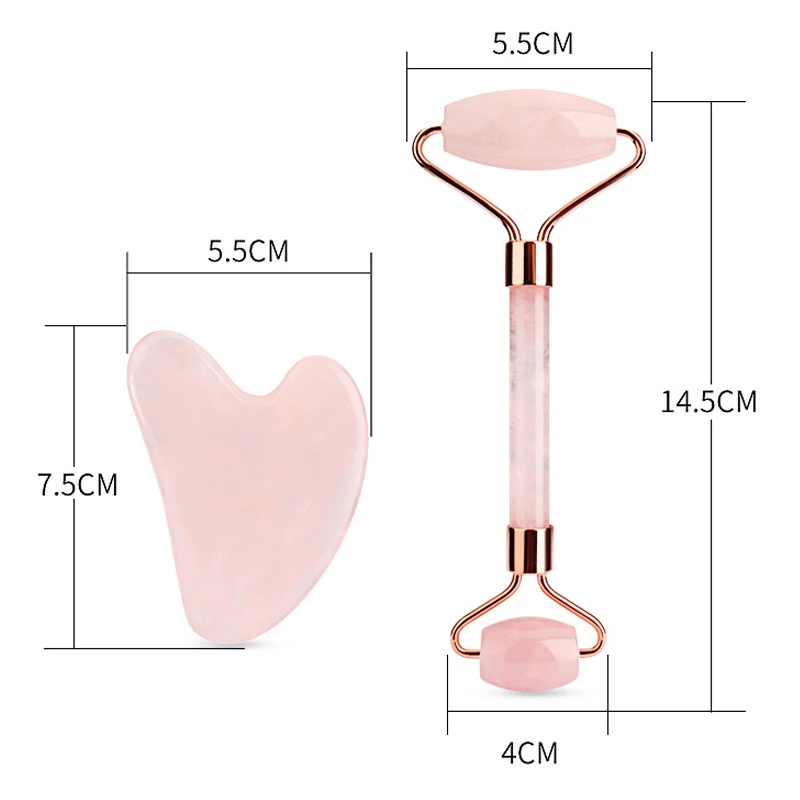 

Rose Quartz Jade Roller Guasha Scraper Natural Stone Crystal Neck Back Face Massage Slimmer Lift Wrinkle Remover Tool 2 in 1 set